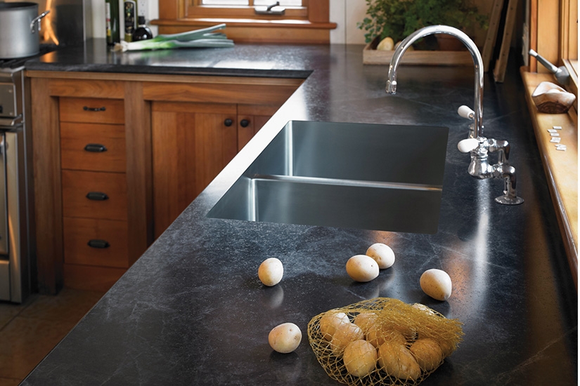 Undermount Sink Dark Veined Countertop Dual Handle Tap