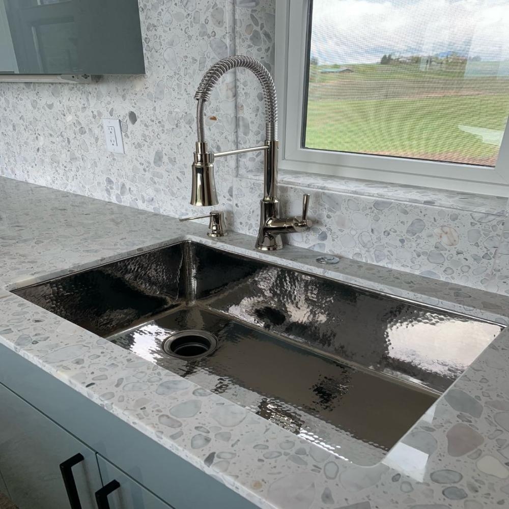 Undermount Sink Hammered Metal Terrazzo Backsplash
