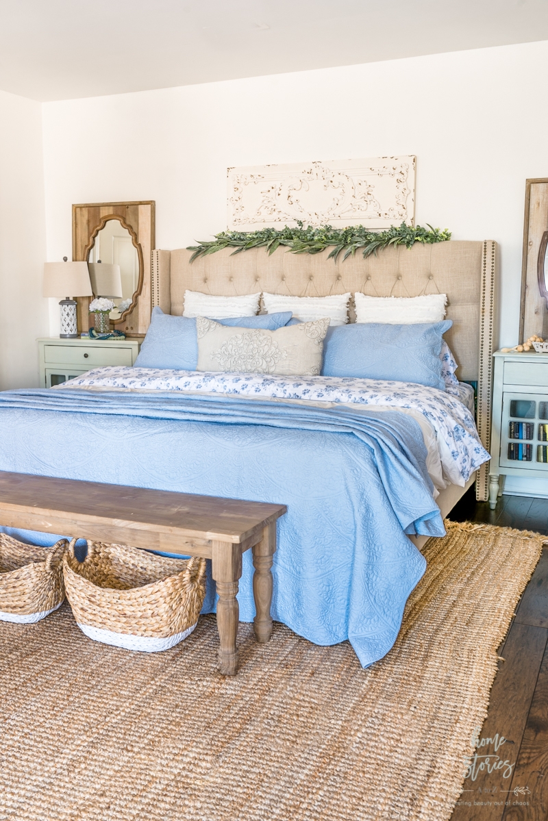 Upholstered Bed: Blue Floral Sheets Rustic Wood Bench Decor