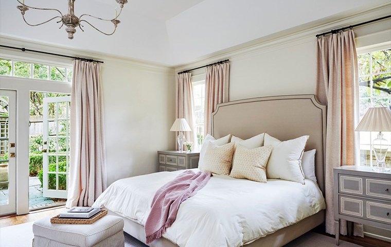 Upholstered Bed Camelback Headboard Blush Pink Curtains
