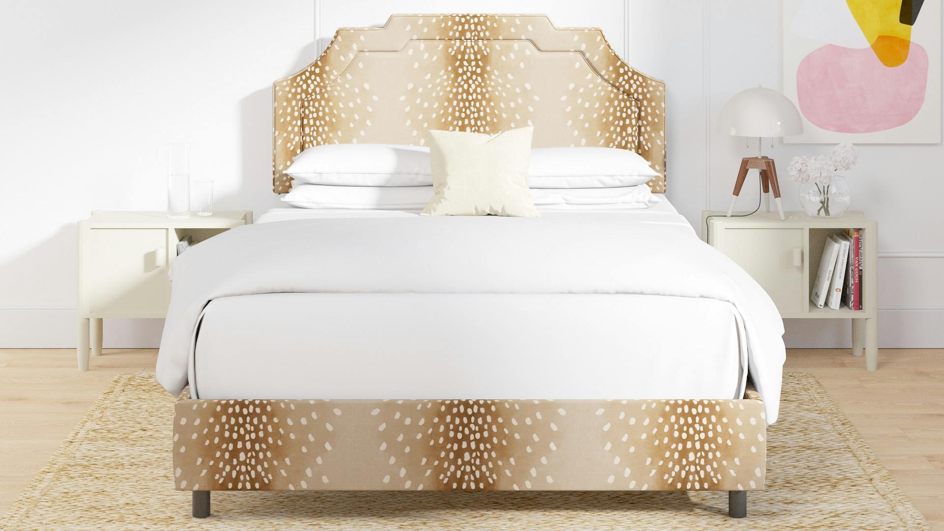 Upholstered Bed featuring Fawn Animal Print Stepped Headboard