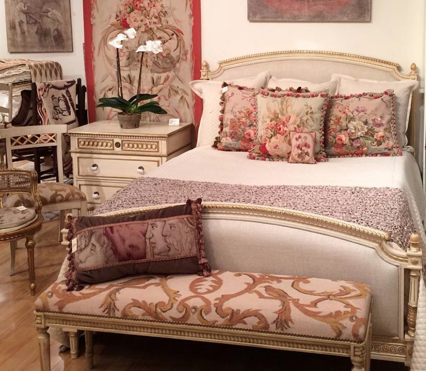 Upholstered Bed Fluted Corner Posts Gilded Wood Frame