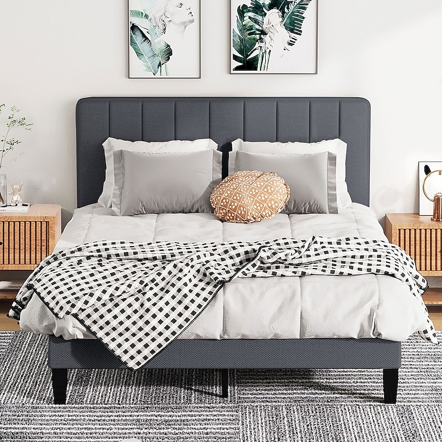 Upholstered Bed Frame Dark Gray Vertical Channels
