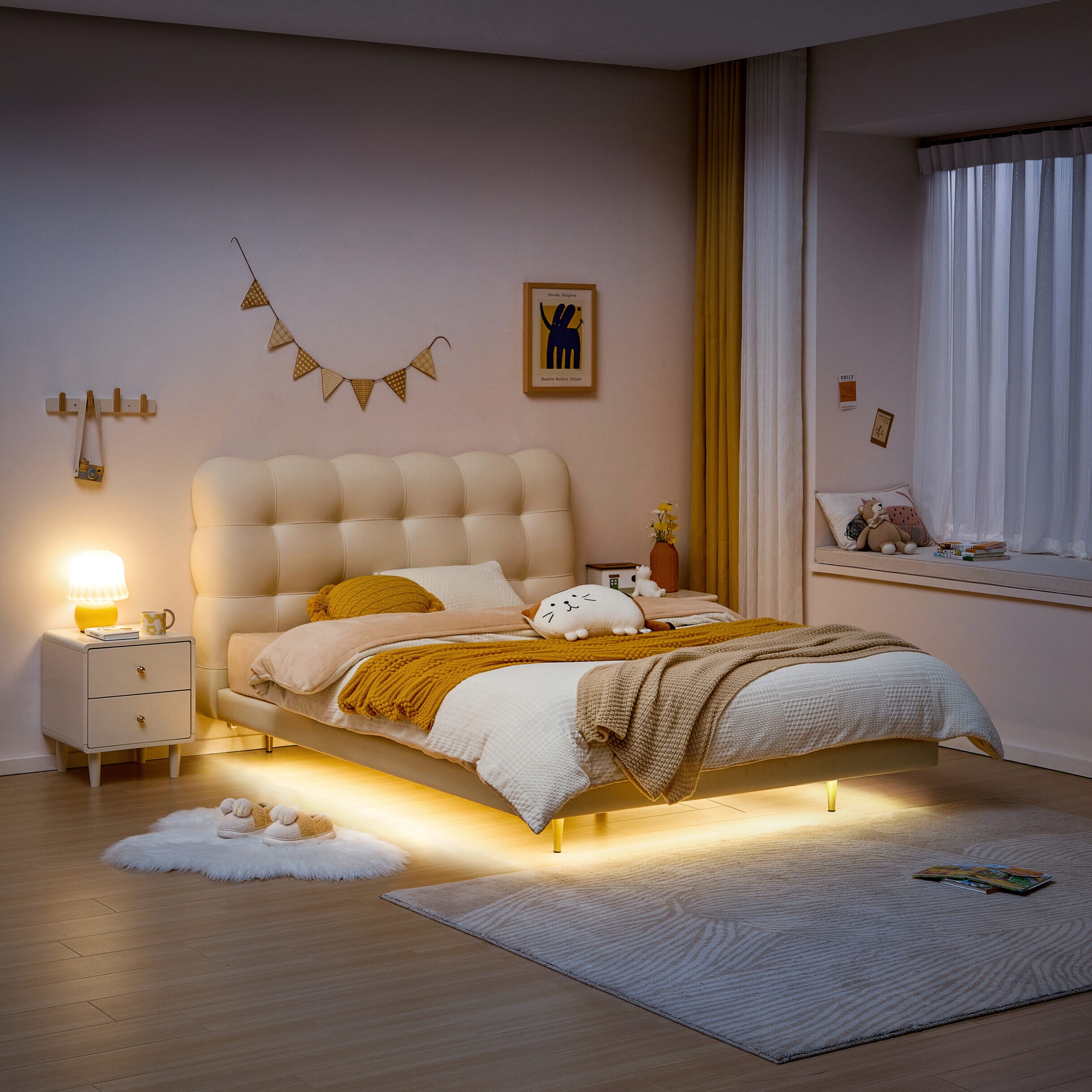 Upholstered Bed Integrated LED Glow Bubble Bed Frame
