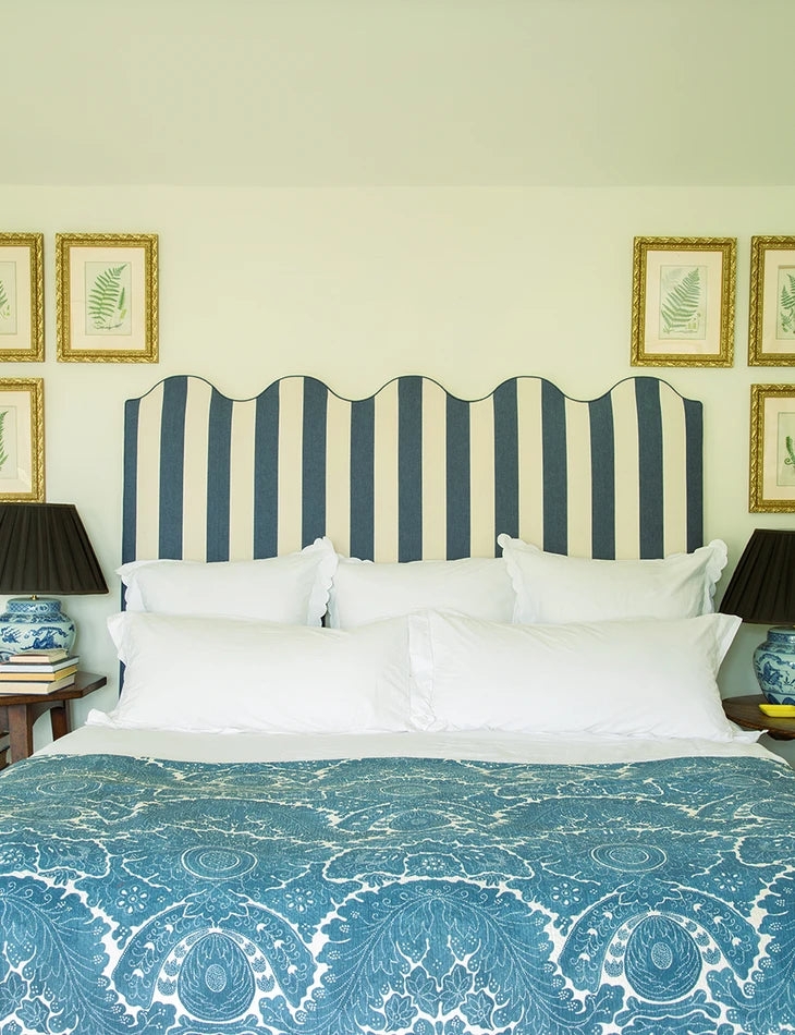 Upholstered Headboard in Sea Holly Blue Striped Design