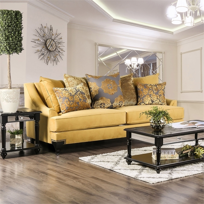 Upholstered Sofa with Botanical Pattern Pillows and Stud Trim