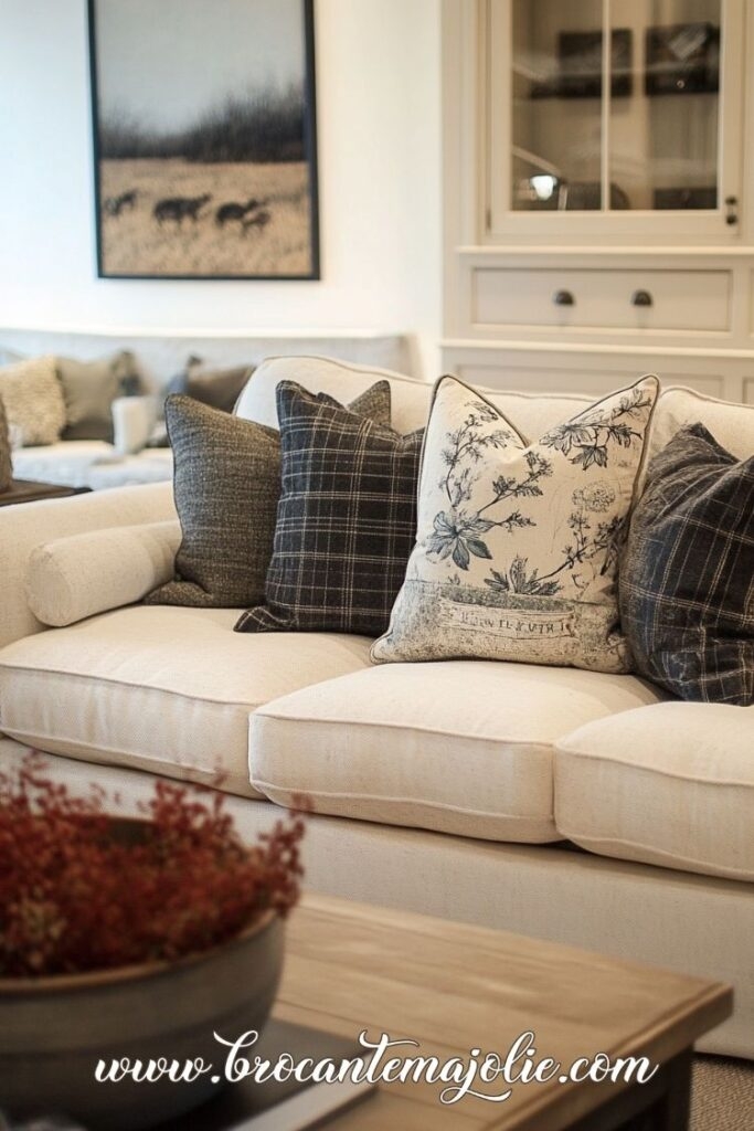 Upholstered Sofa with Botanical Print Pillow and Plaid Accents