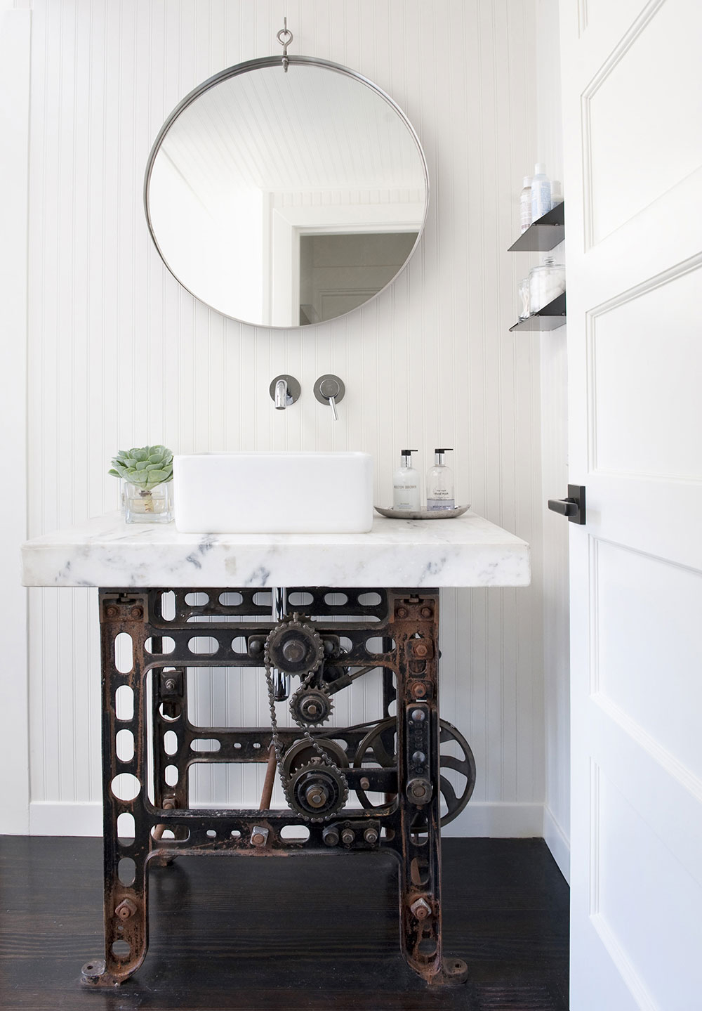 Vanity Industrial Gear Sink Base with Marble Top and Gear Details