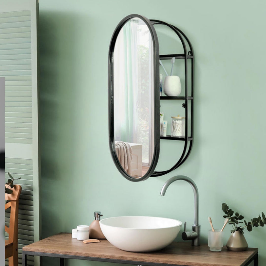 Vanity Mirror Matte Black Oval Side Shelving Unit