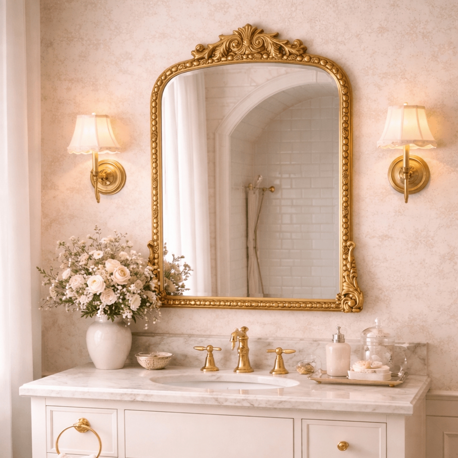 Vanity Mirror: Ornate Crest Beaded Border Gold Foil Frame