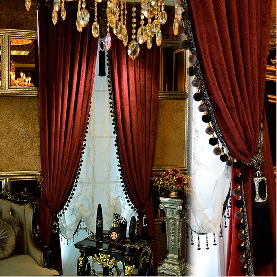 Velvet Curtains: Pom Pom Fringe Burgundy Red Tassel Drapes
