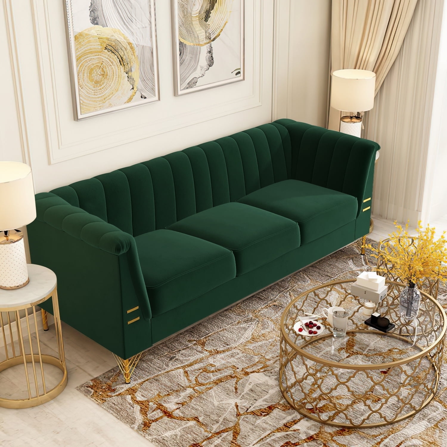 Velvet Sofa Featuring Channel Tufted Back Gold Accent
