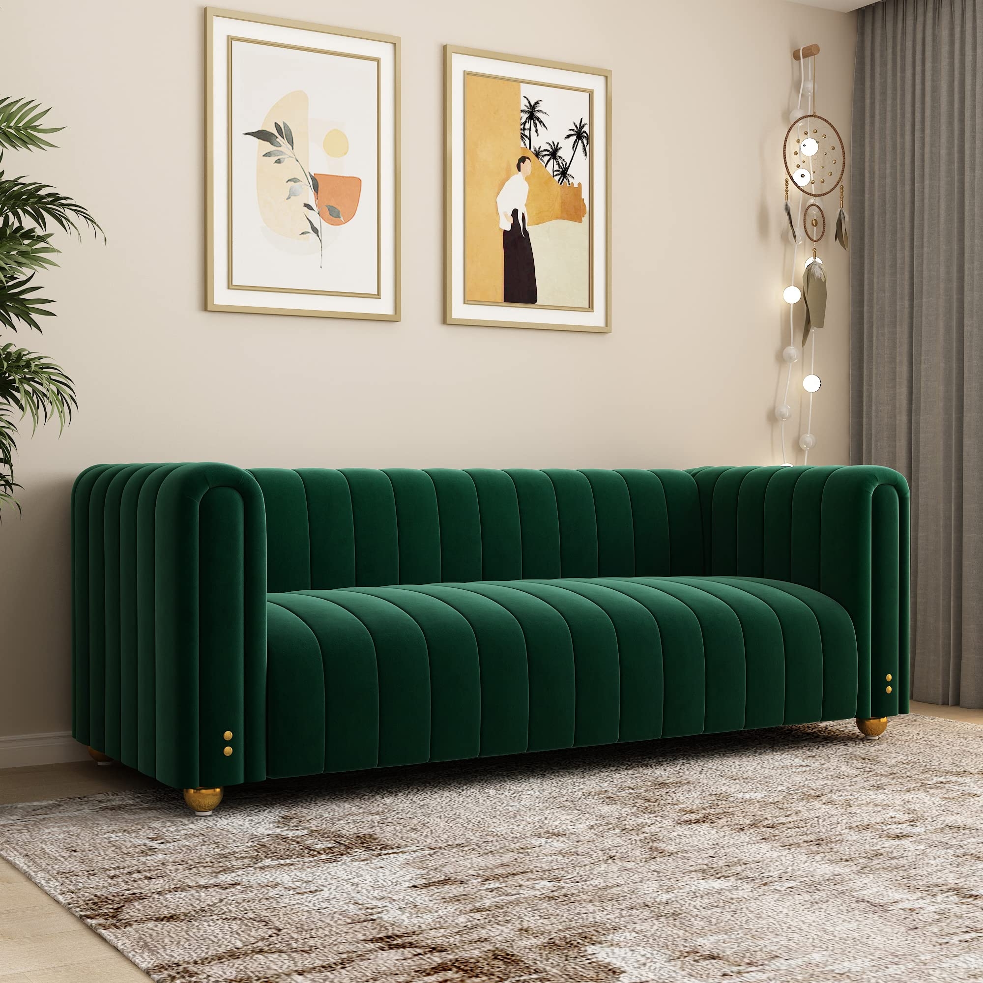 Velvet Sofa With Channel Tufting And Gold Bun Feet
