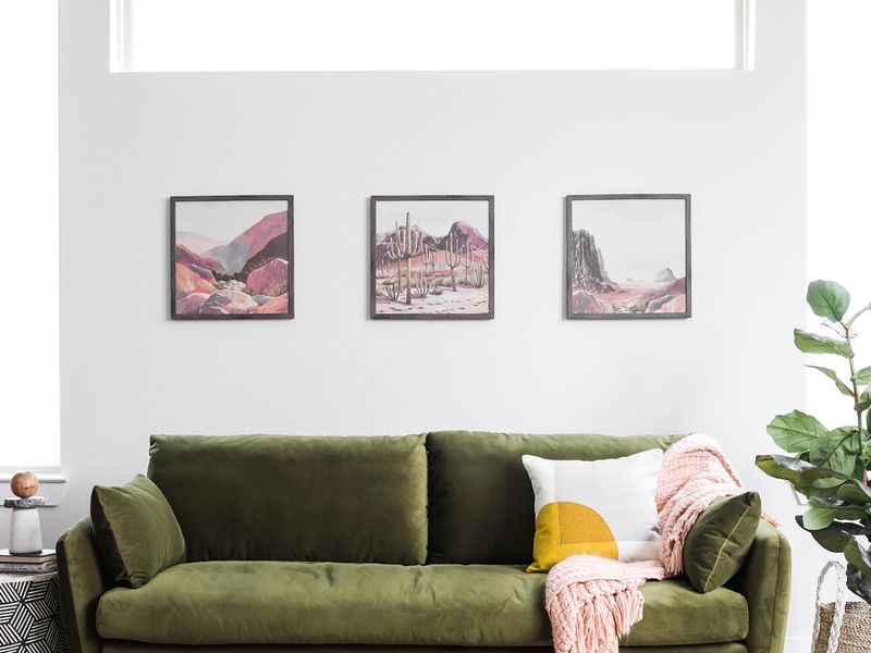 Velvet Sofa With Desert Landscape Trio Wall Art Decor