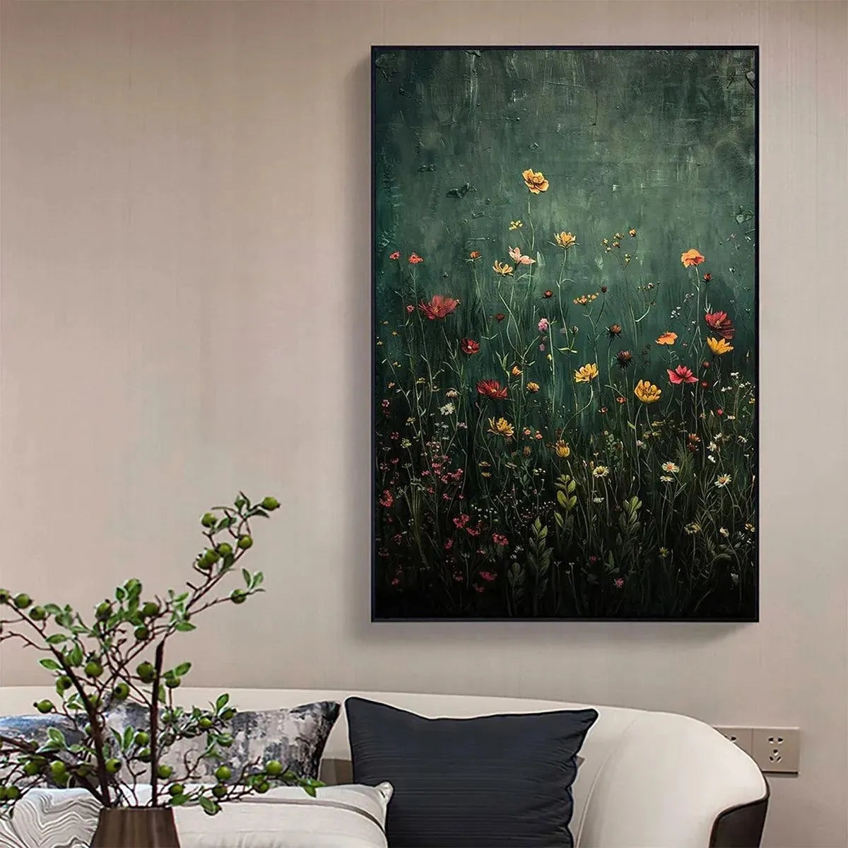 Vertical Wall Art: Deep Green Meadow Atmospheric Floral Decor