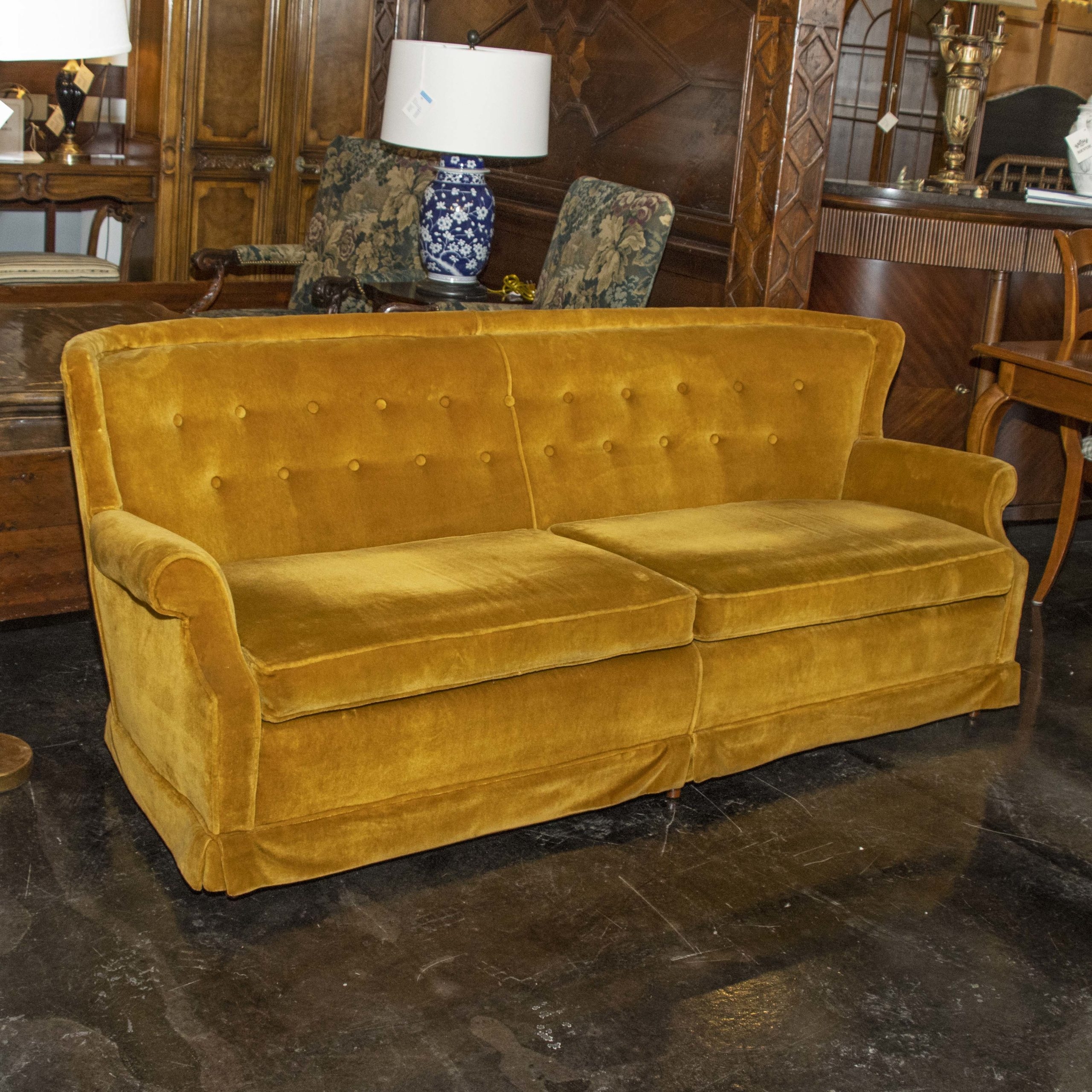 Vintage Sofa with Skirted Base and Amber Velvet Tufted Back