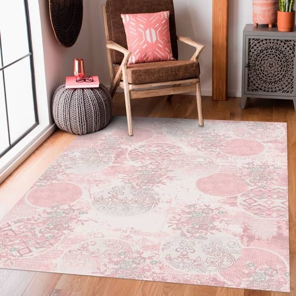 Vinyl Rug Circular Medallions Pastel Pink Vinyl Rug