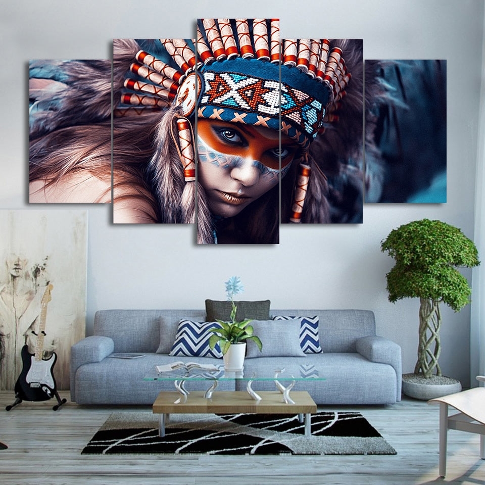 Wall Art: 5 Piece Layout Native American Portrait Art