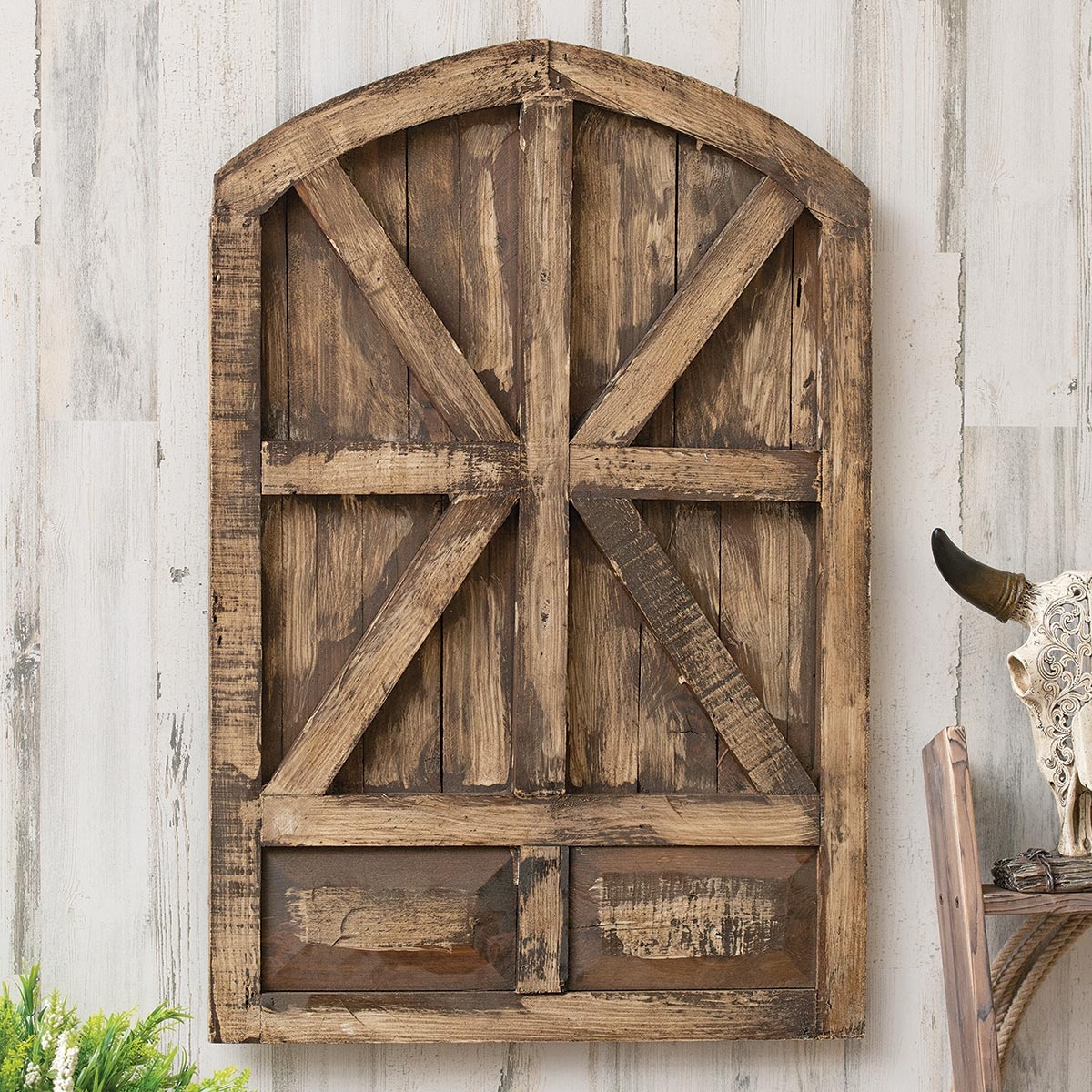 Wall Art: Arched Barn Window Motif Distressed Cross Brace Decor