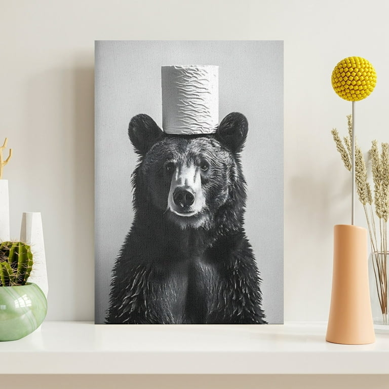 Wall Art Bear With Toilet Paper Quirky Print Bear Bathroom Signs