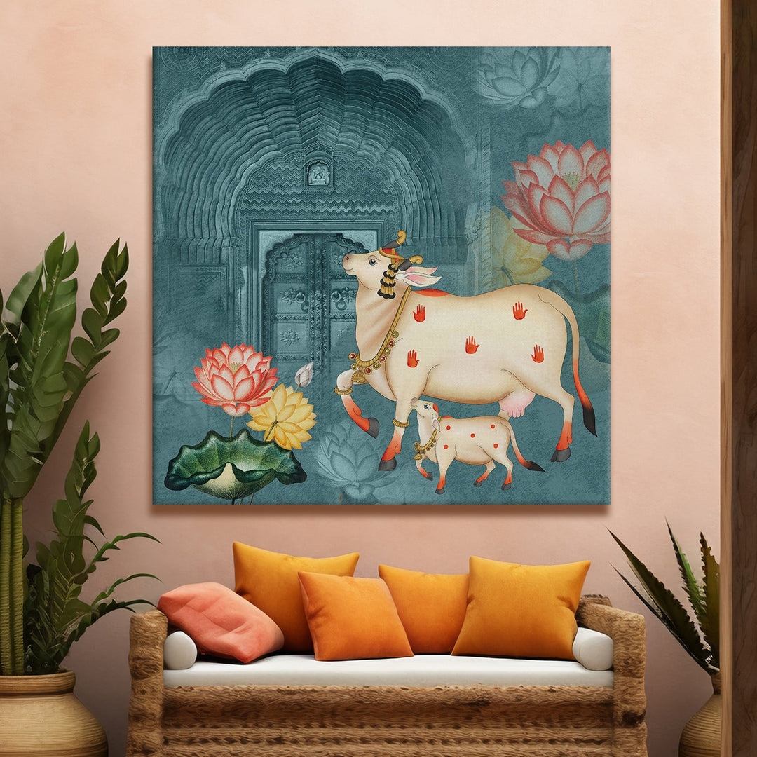 Wall Art Canvas: Pichwai Cow Motif Teal Orange Decor