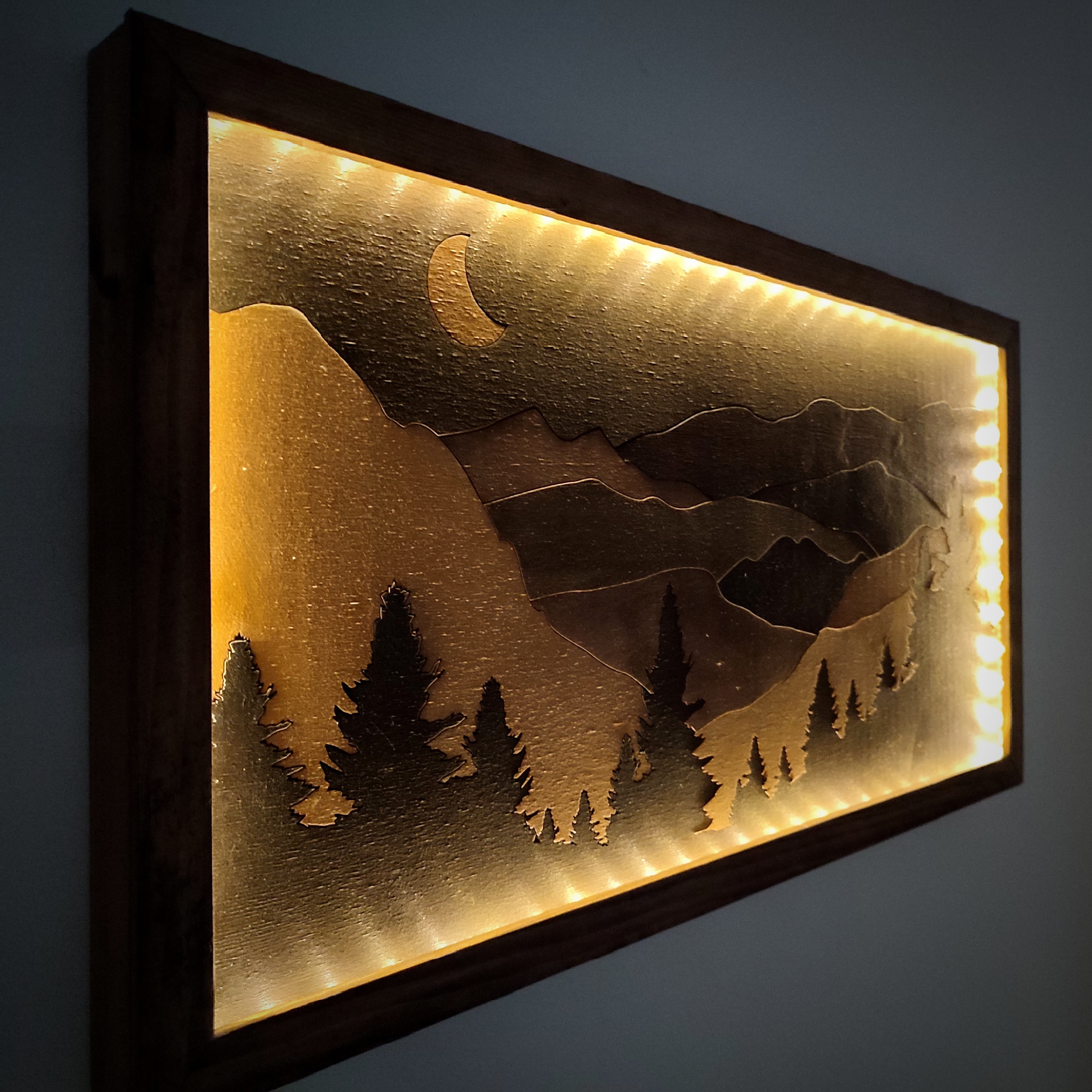 Wall Art featuring Backlit Mountain Silhouette and Layered Relief
