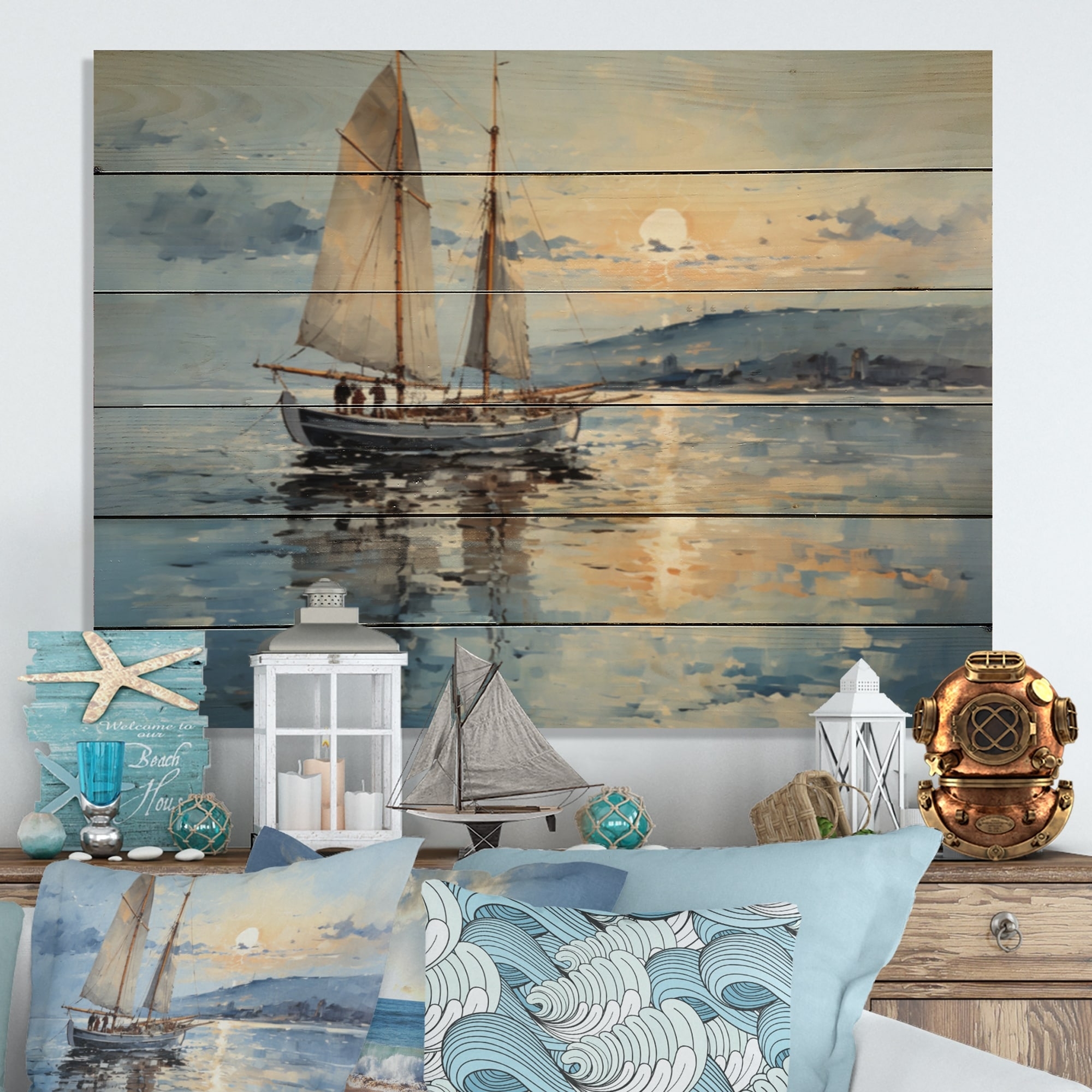 Wall Art: Horizontal Plank Construction Sunset Boat Painting
