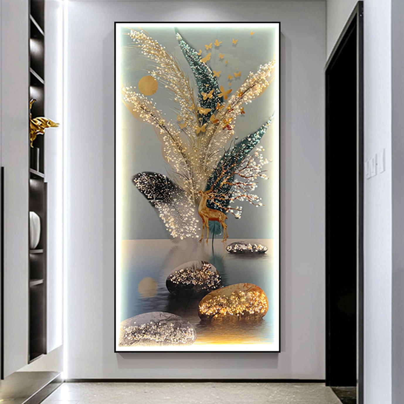 Wall Art in Crystal Porcelain with Backlit Golden Deer Motif