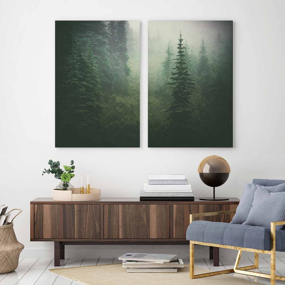 Wall Art Misty Forest Landscape Diptych Canvas Prints