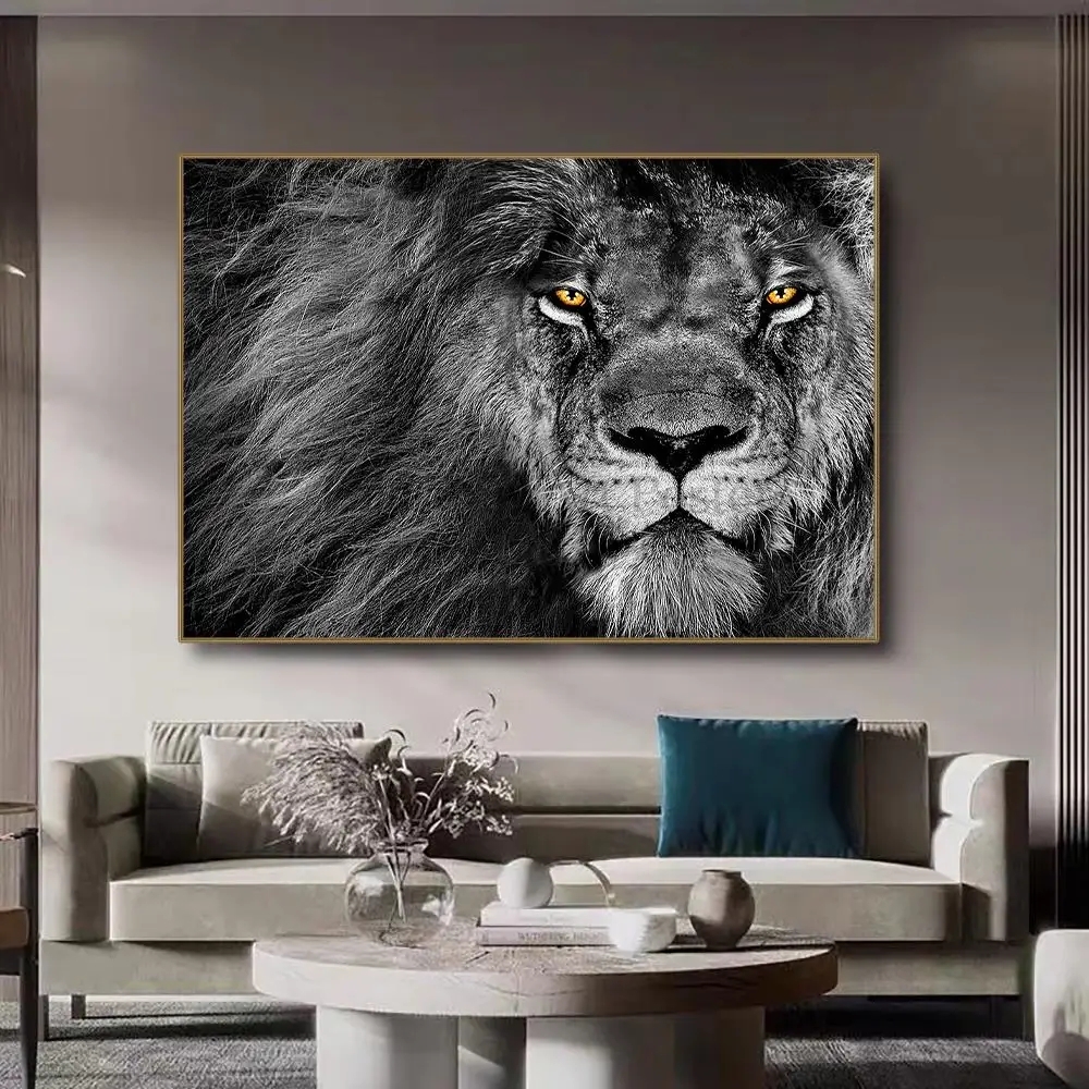 Wall Art Monochrome Lion Face Amber Eye Focal Point