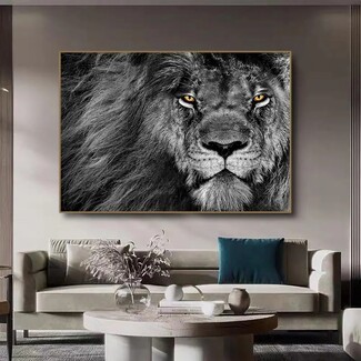 Wall Art Monochrome Lion Face Amber Eye Focal Point
