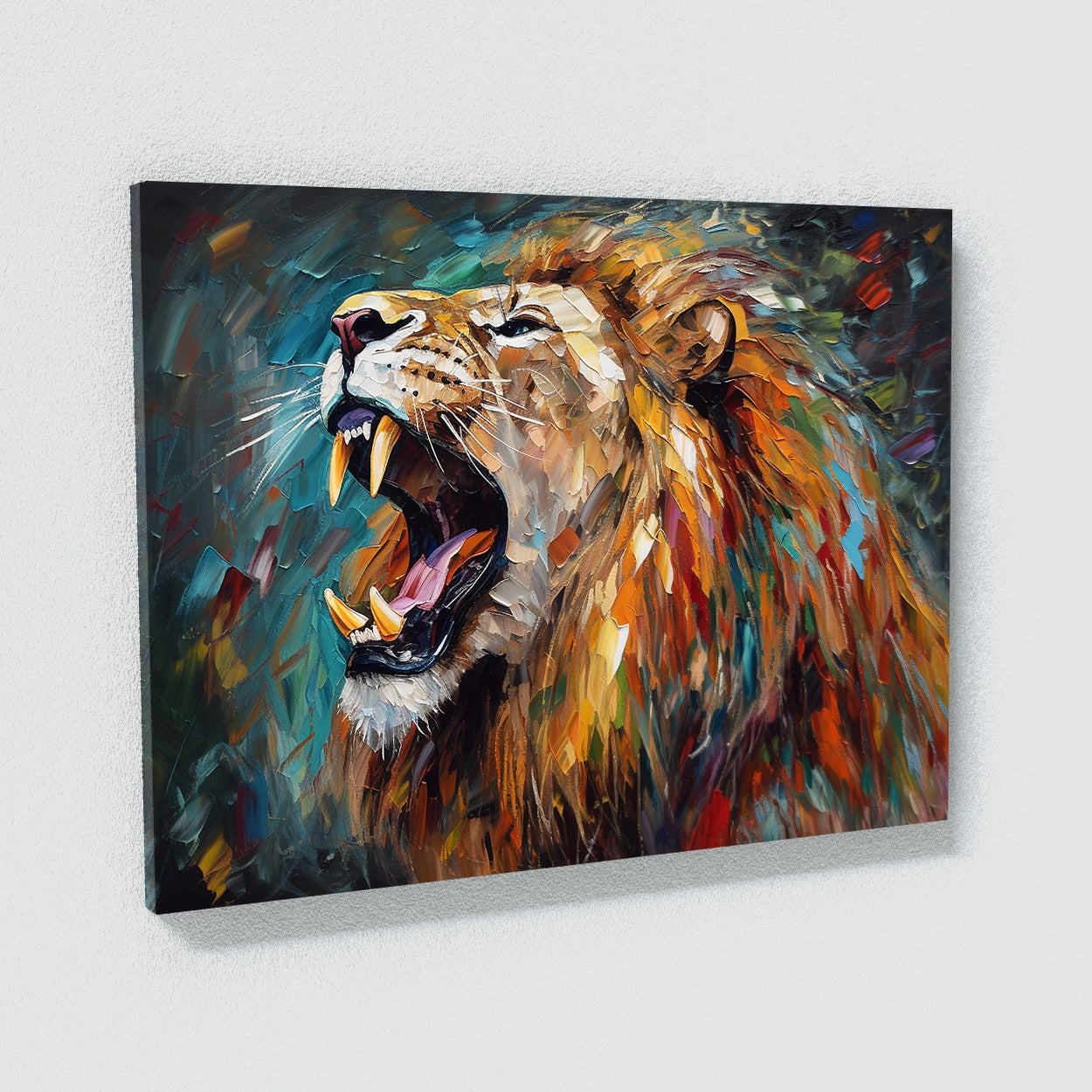 Wall Art Roaring Lion Motif Thick Brushstrokes Canvas