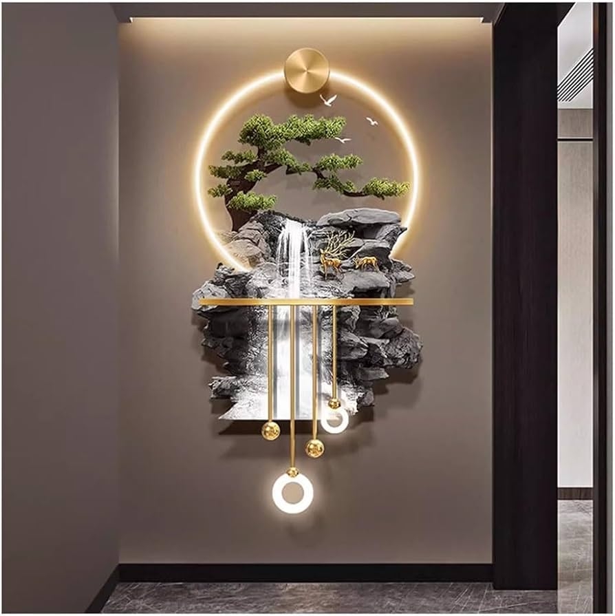 Wall Art Sculpture with Circular LED Halo and Waterfall Pendants