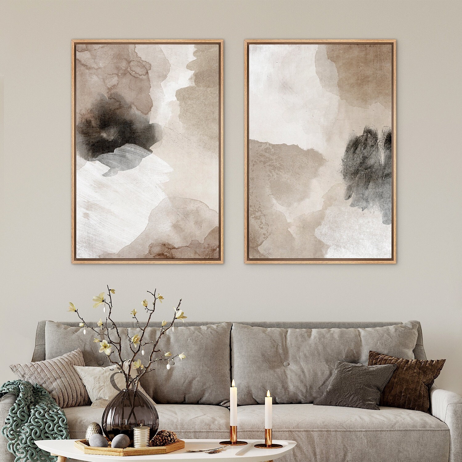 Wall Art Set Abstract Watercolor Warm Neutral Wood Frames