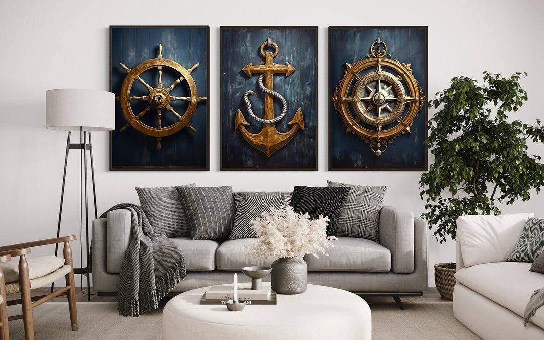 Wall Art Set: Antique Gold Motifs Midnight Maritime Decor