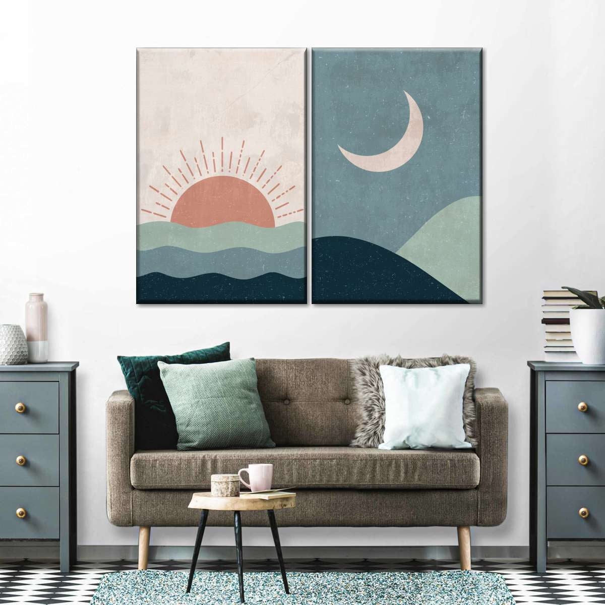 Wall Art Set Celestial Sun Moon Canvas 2 Piece Layout