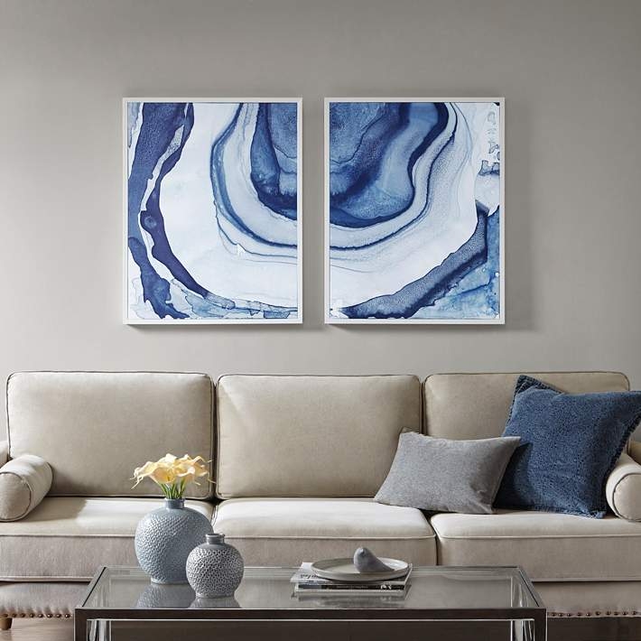Wall Art Set Ethereal Fluid Pattern Cobalt Blue Accents