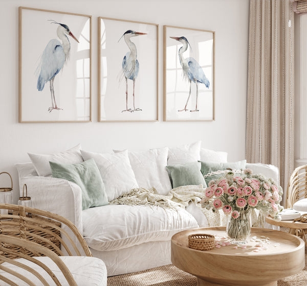 Wall Art Set: Heron Subject Watercolor Prints Hamptons Style