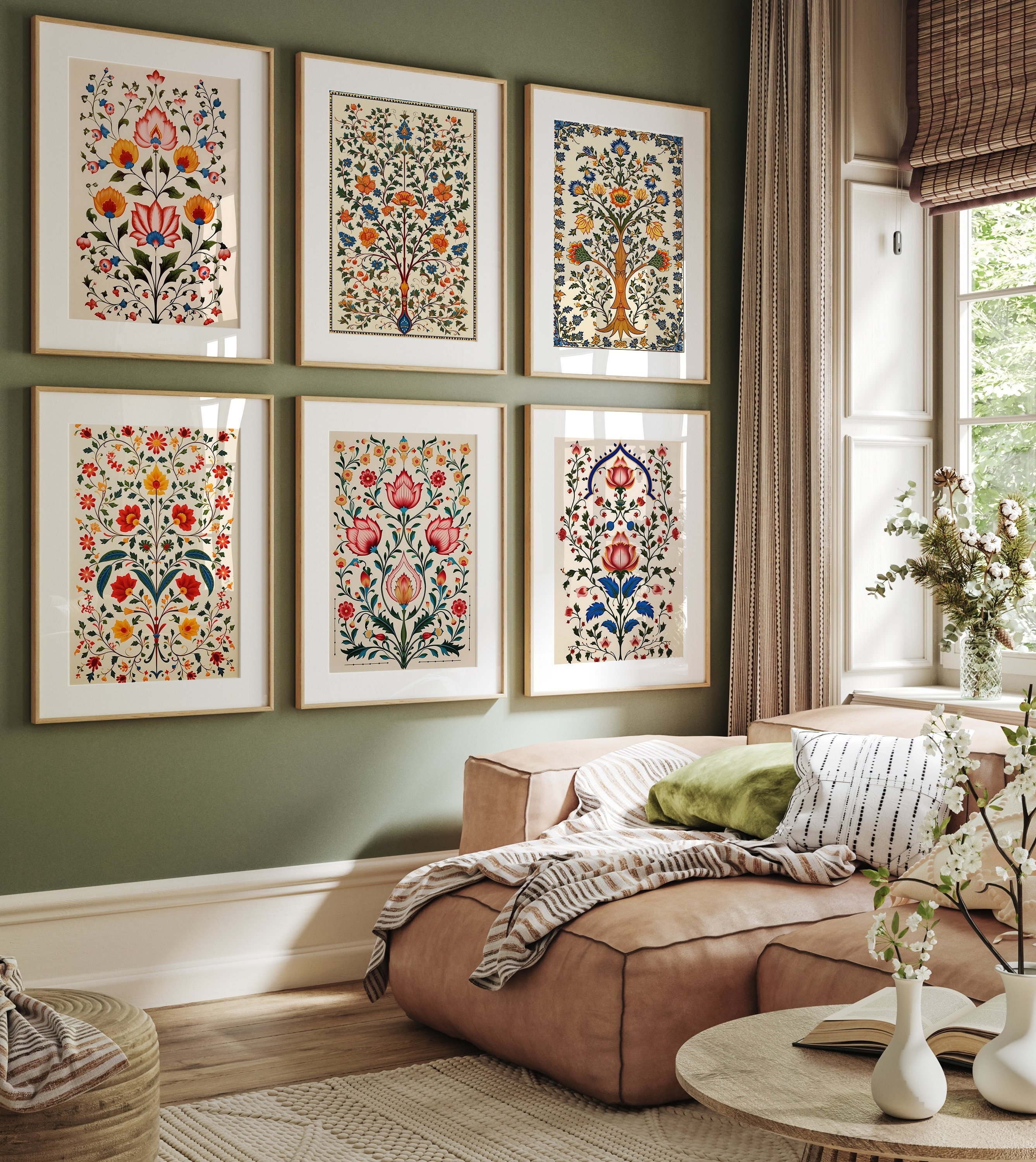 Wall Art Set: Indian Floral Prints Sage Green Decor