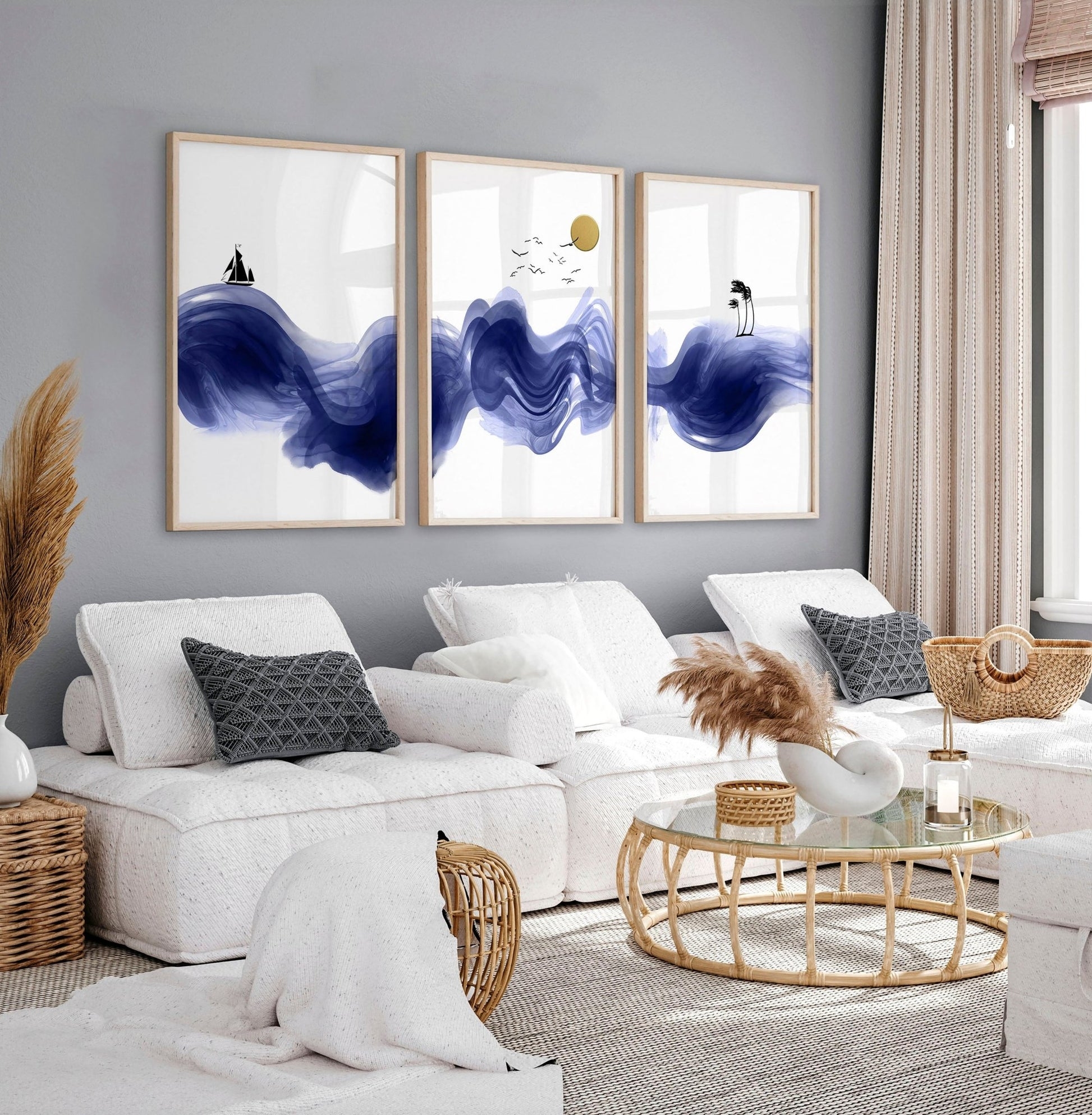Wall Art Set: Indigo Watercolor Waves Beach House Wall Decor