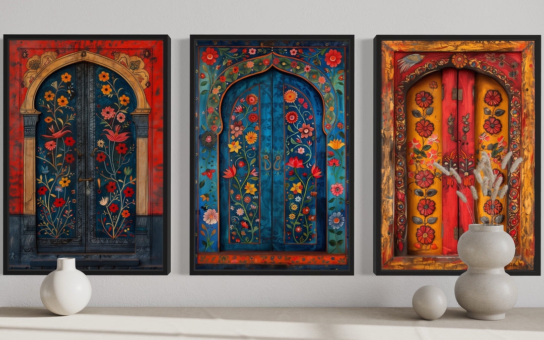 Wall Art Set: Madhubani Door Triptych Floral Prints