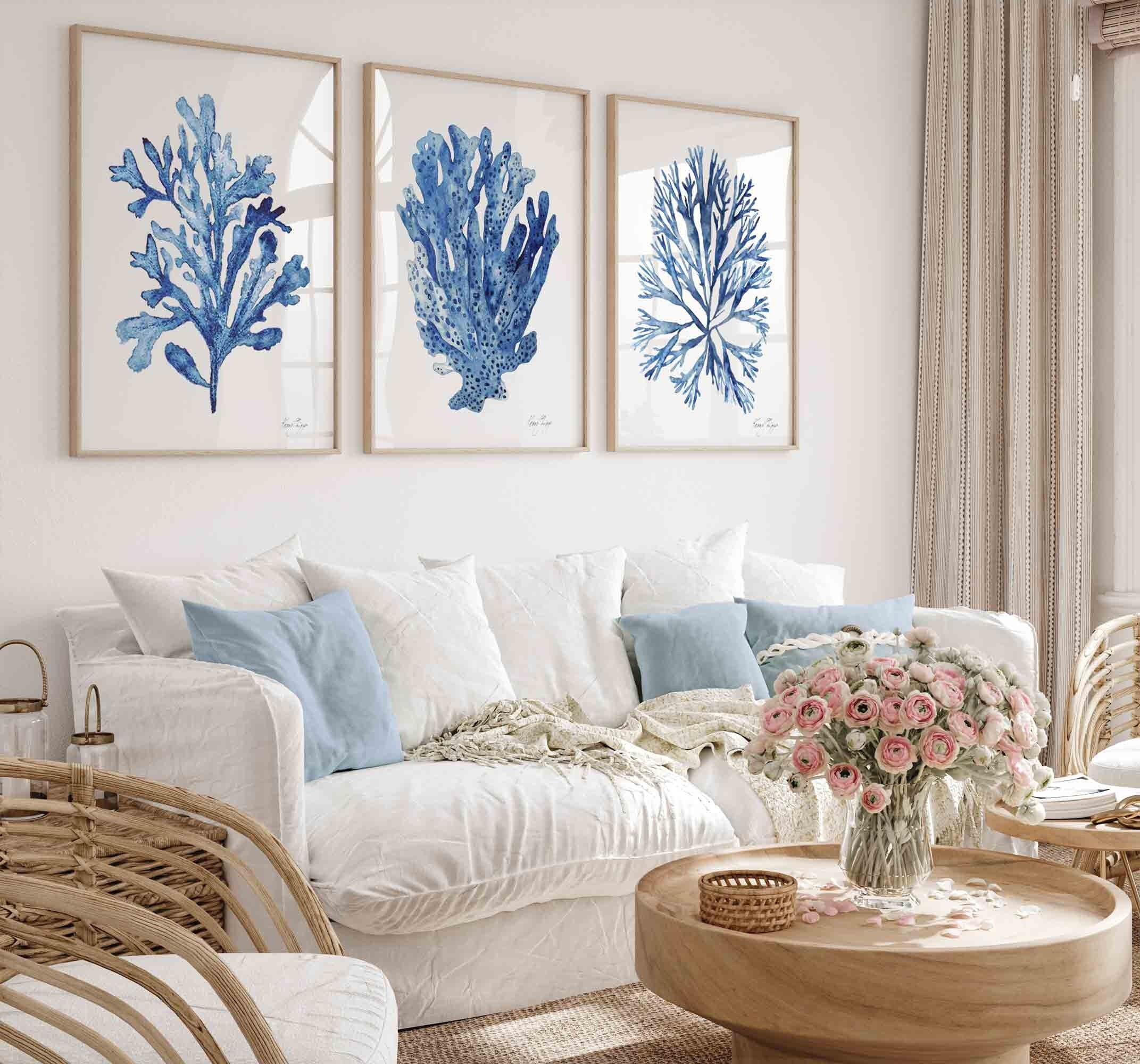 Wall Art Set: Maritime Coral Triptych Minimalist Watercolor