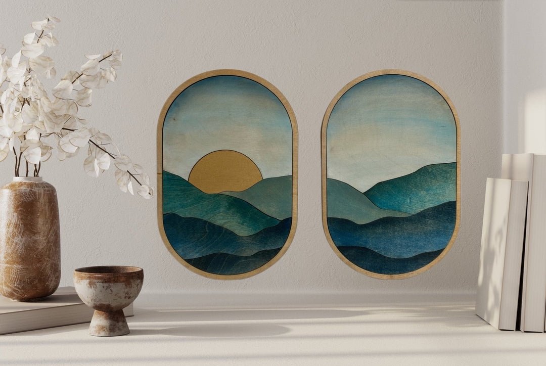 Wall Art Set Oval Shape Wood Grain Layered Mountain Art
