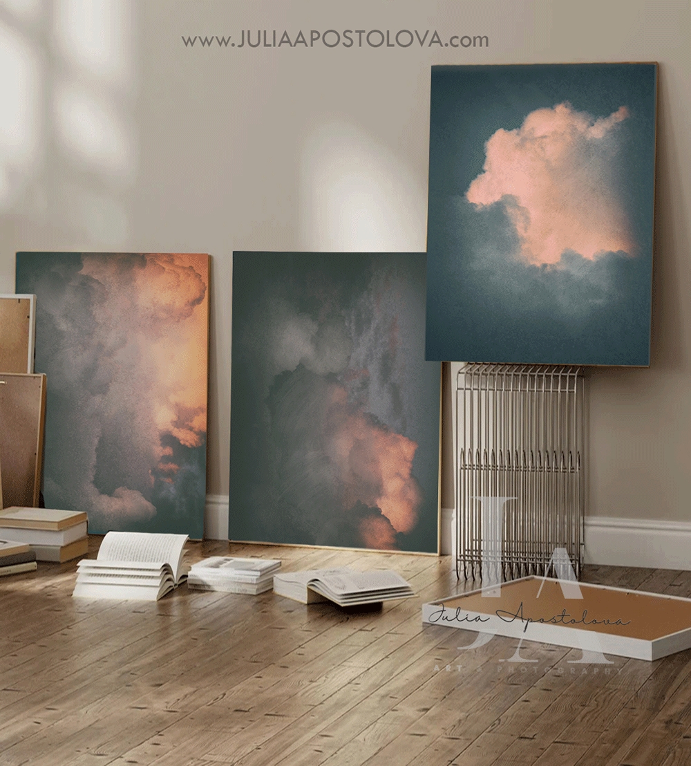 Wall Art Set: Oversized Scale Ethereal Cloud Teal Canvas