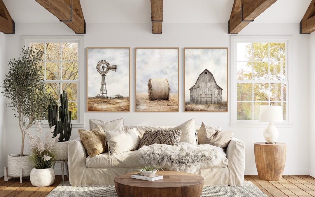 Wall Art Set: Rustic Barn Triptych Windmill Prints Farmhouse Decor