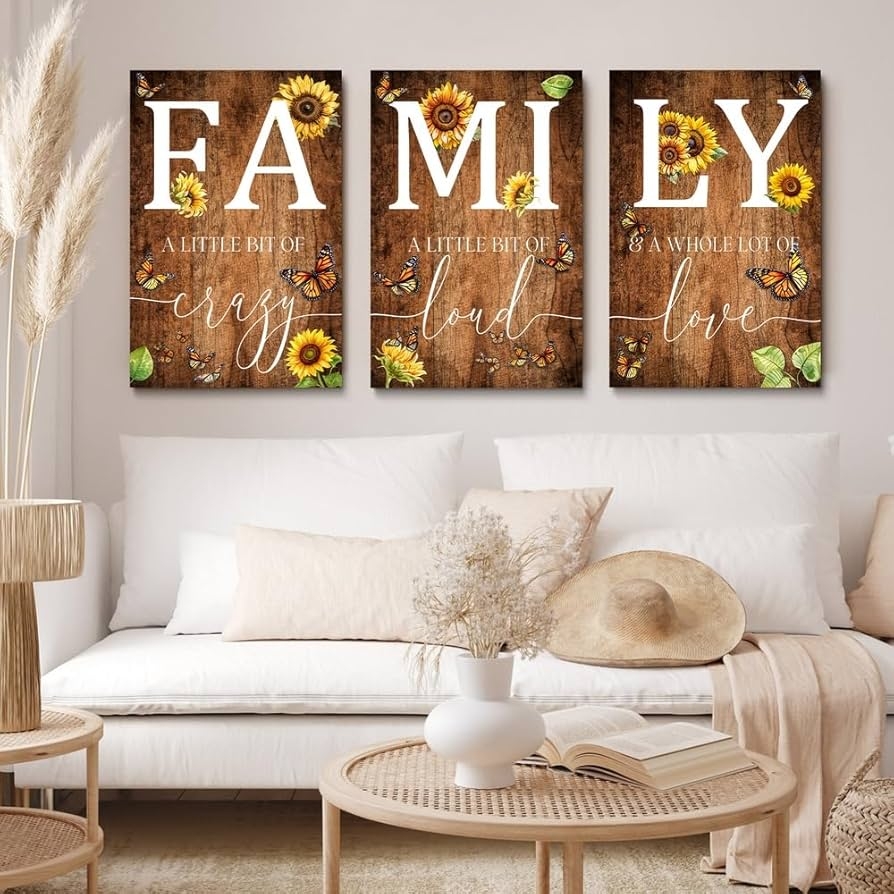 Wall Art Set: Triptych Sunflower Yellow Butterfly Family Sign