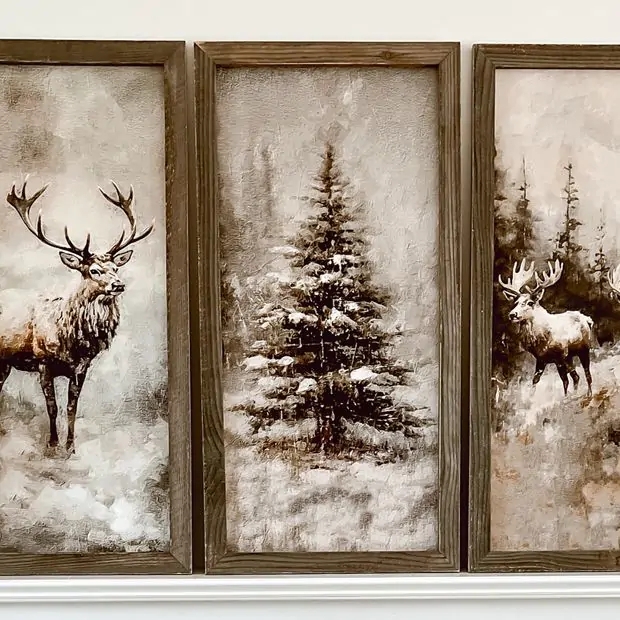 Wall Art Set: Winter Wildlife Stag Triptych Decor Forest Painting