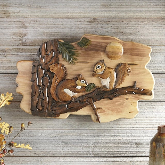 Wall Art: Squirrel Intarsia Technique Multi-Toned Wood Inlay Plaque