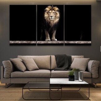 Wall Art Triptych Panels Matte Black Lion Portrait