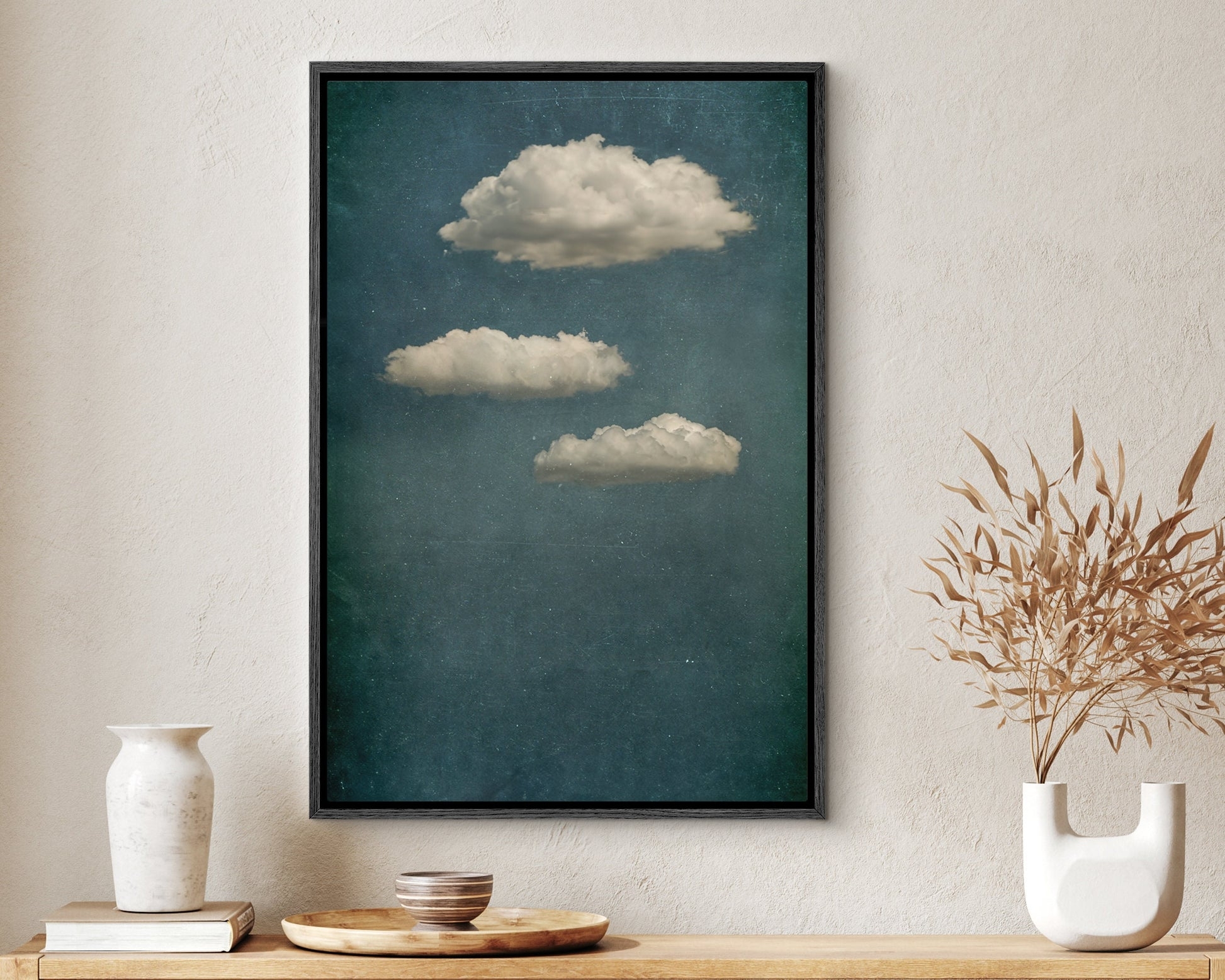 Wall Art: Vertical Cloud Stack with Dark Teal Minimalist Print